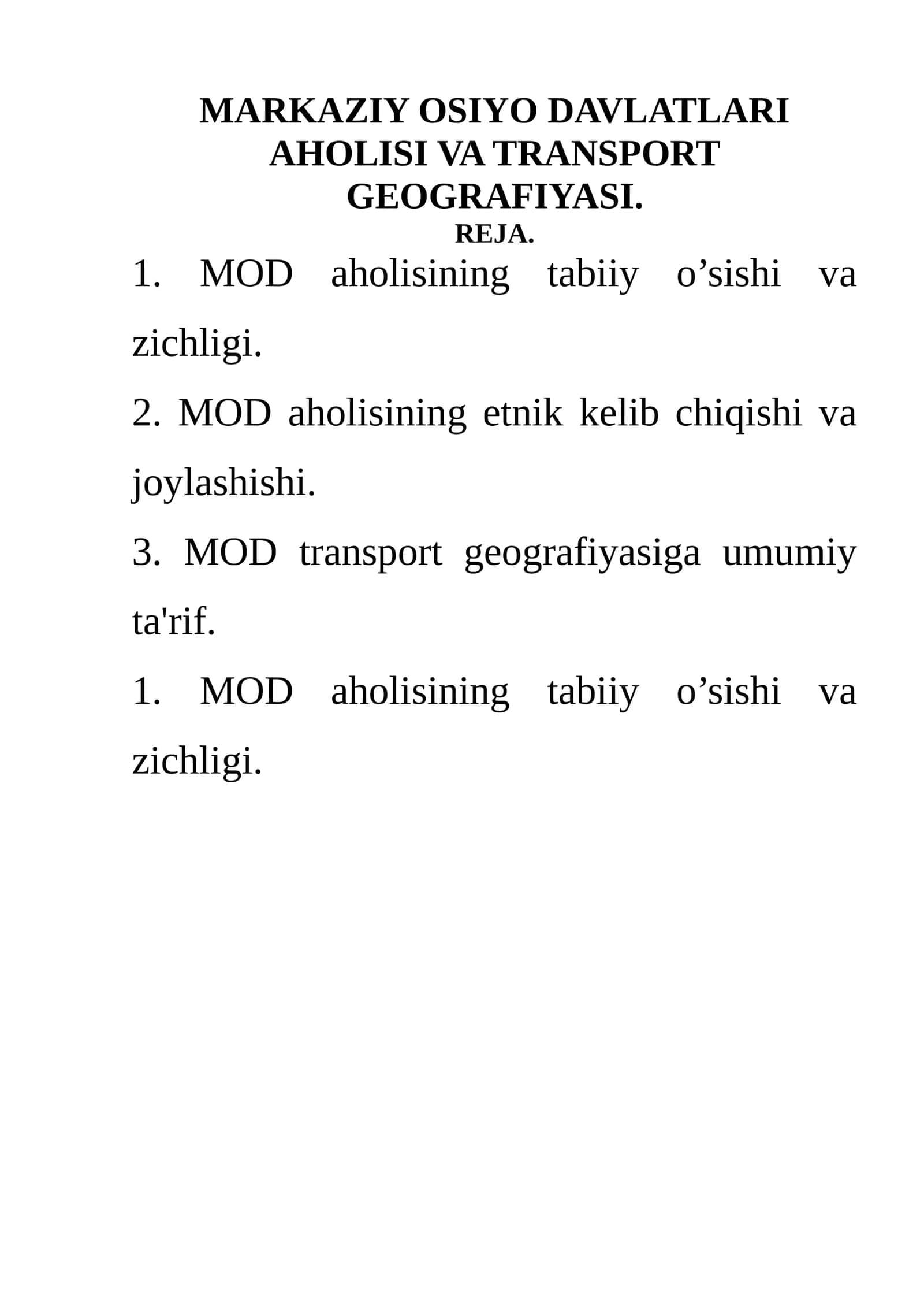 MARKAZIY OSIYO DAVLATLARI AHOLISI VA TRANSPORT GEOGRAFIYASI
