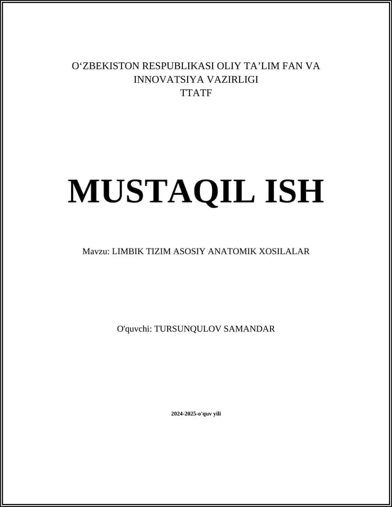 LIMBIK TIZIM ASOSIY ANATOMIK XOSILALAR