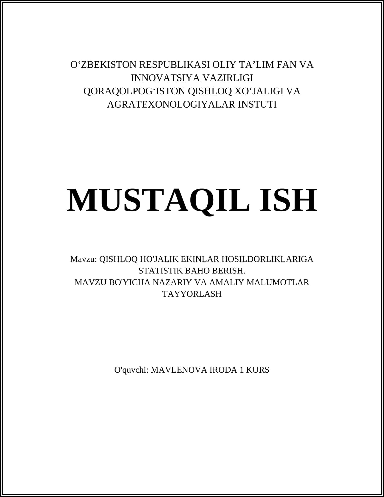 QISHLOQ HO'JALIK EKINLAR HOSILDORLIKLARIGA STATISTIK BAHO BERISH