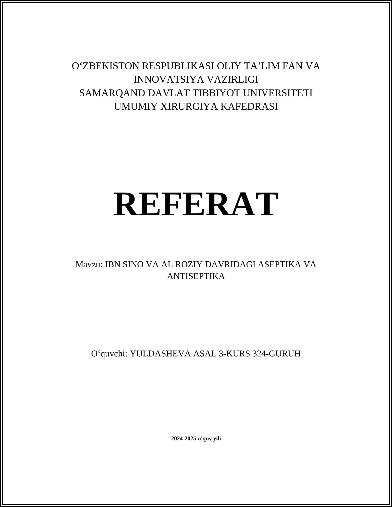 IBN SINO VA AL ROZIY DAVRIDAGI ASEPTIKA VA ANTISEPTIKA