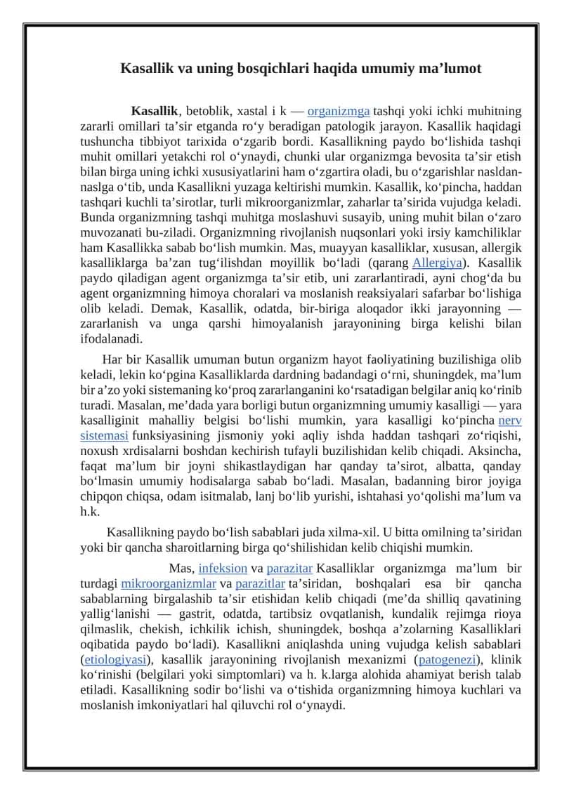Kasallik va uning bosqichlari haqida umumiy ma’lumot