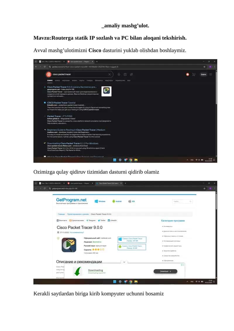 Routerga statik IP sozlash va PC bilan aloqani tekshirish