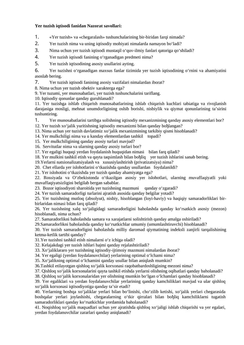 Yer tuzish iqtisodi fanidan Nazorat savollari