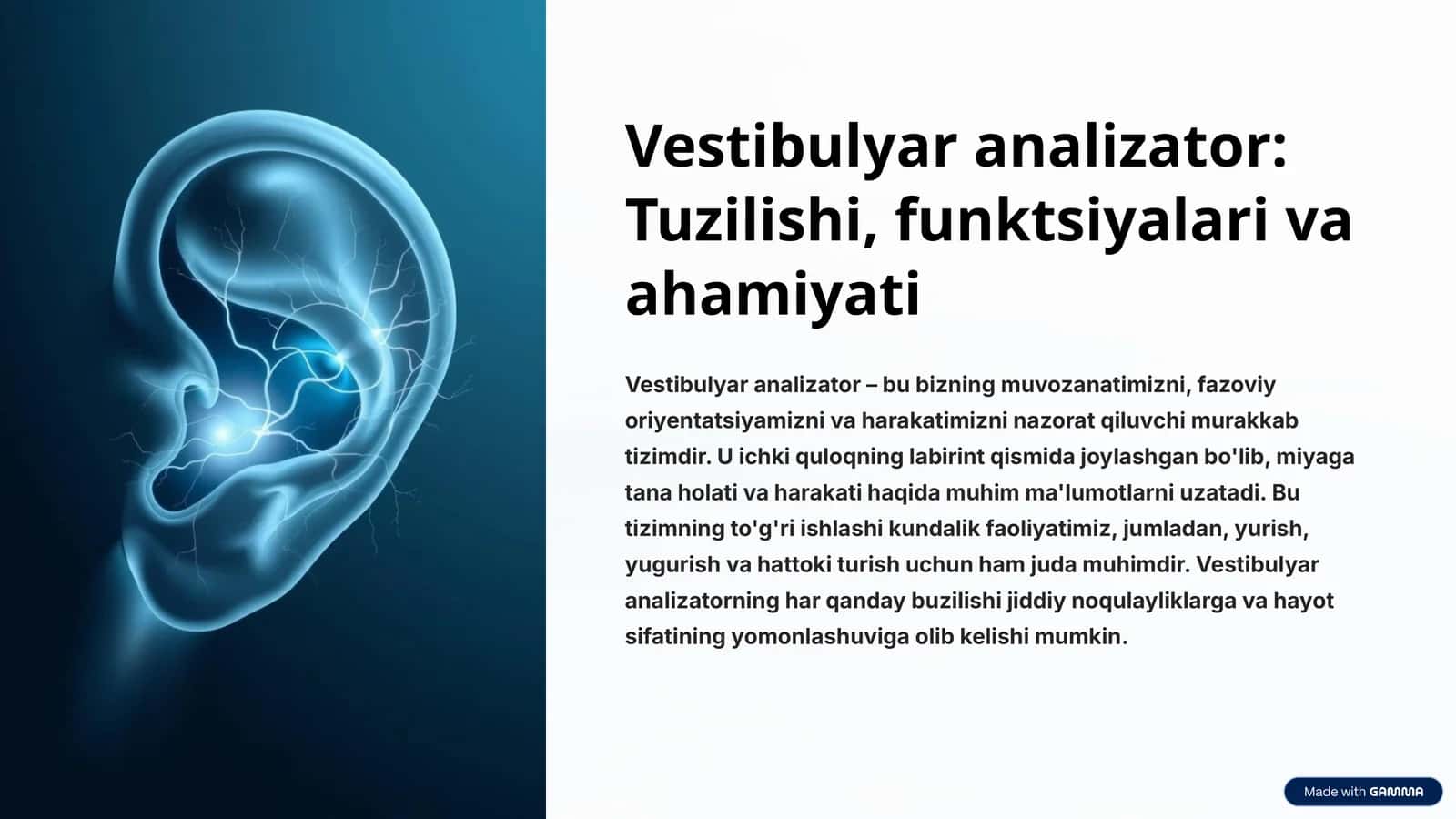 Vestibulyar analizator: Tuzilishi, funktsiyalari va ahamiyati