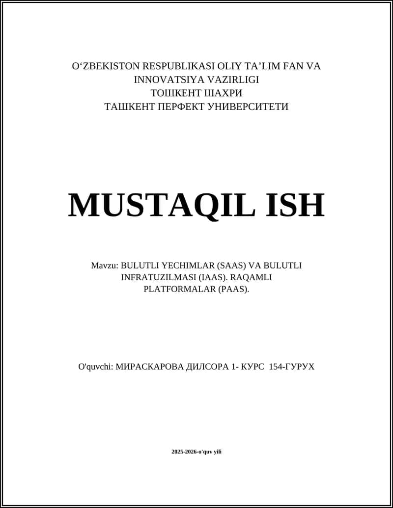 BULUTLI YECHIMLAR (SAAS) VA BULUTLI INFRATUZILMASI (IAAS). RAQAMLI PLATFORMALAR (PAAS)