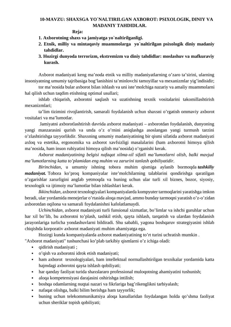 SHAXSGA YO`NALTIRILGAN AXBOROT: PSIXOLOGIK, DINIY VA MADANIY TAHDIDLAR