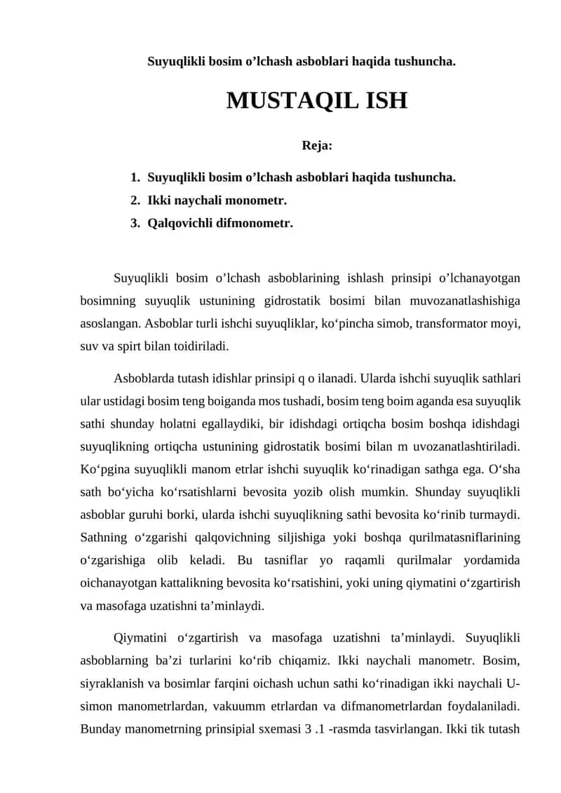 Suyuqlikli bosim o’lchash asboblari