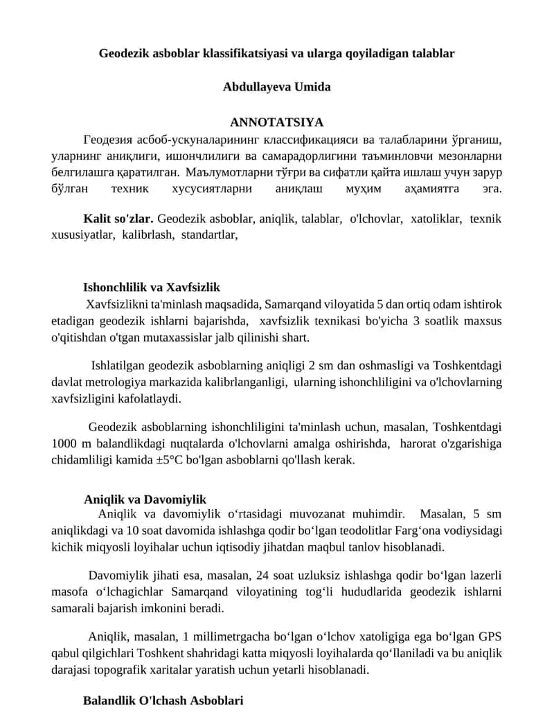Geodezik asboblar klassifikatsiyasi va ularga qoyiladigan talablar