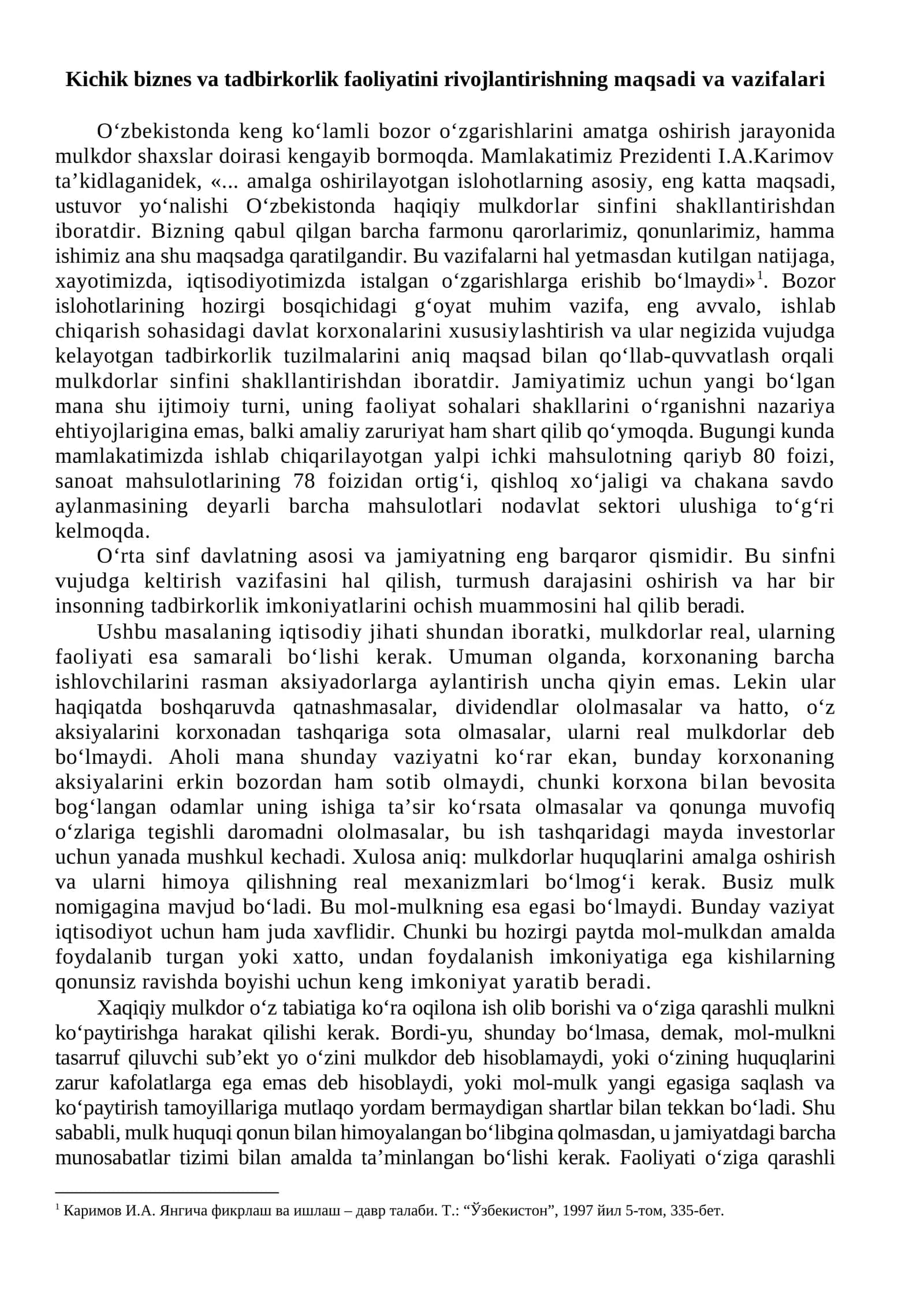 Kichik biznes va tadbirkorlik faoliyatini rivojlantirishning maqsadi va vazifalari