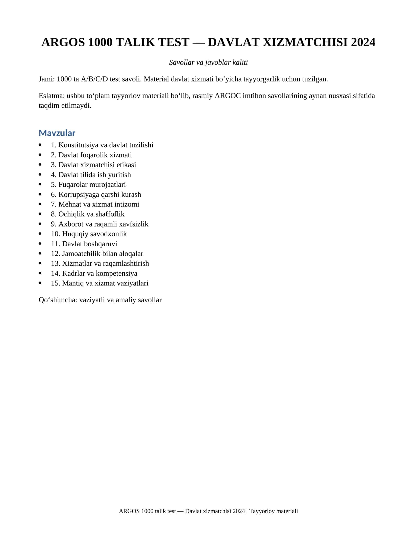 ARGOS 1000 talik test — Davlat xizmatchisi 2024, savol va javoblar