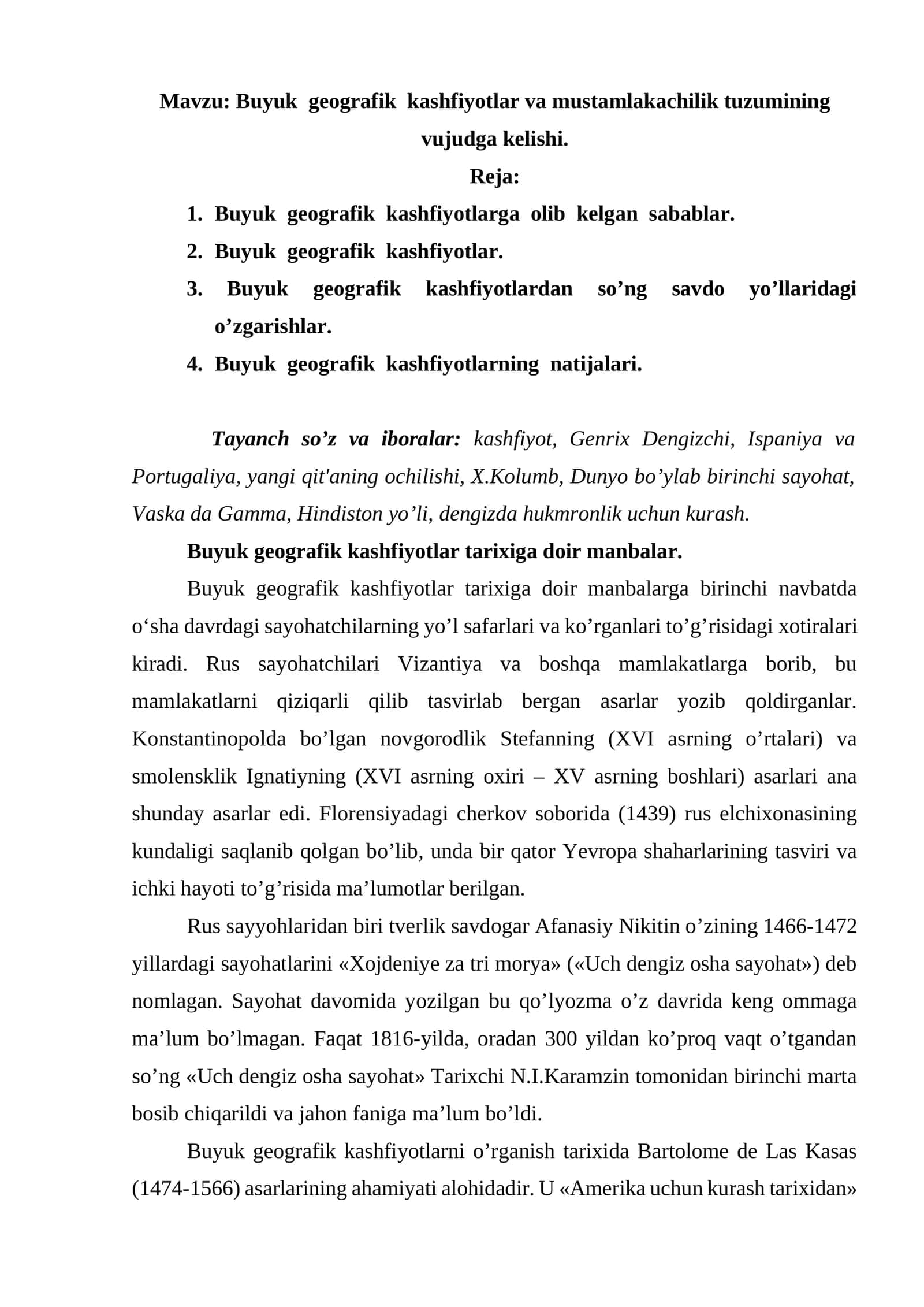 Buyuk geografik kashfiyotlar va mustamlakachilik tuzumining vujudga kelishi