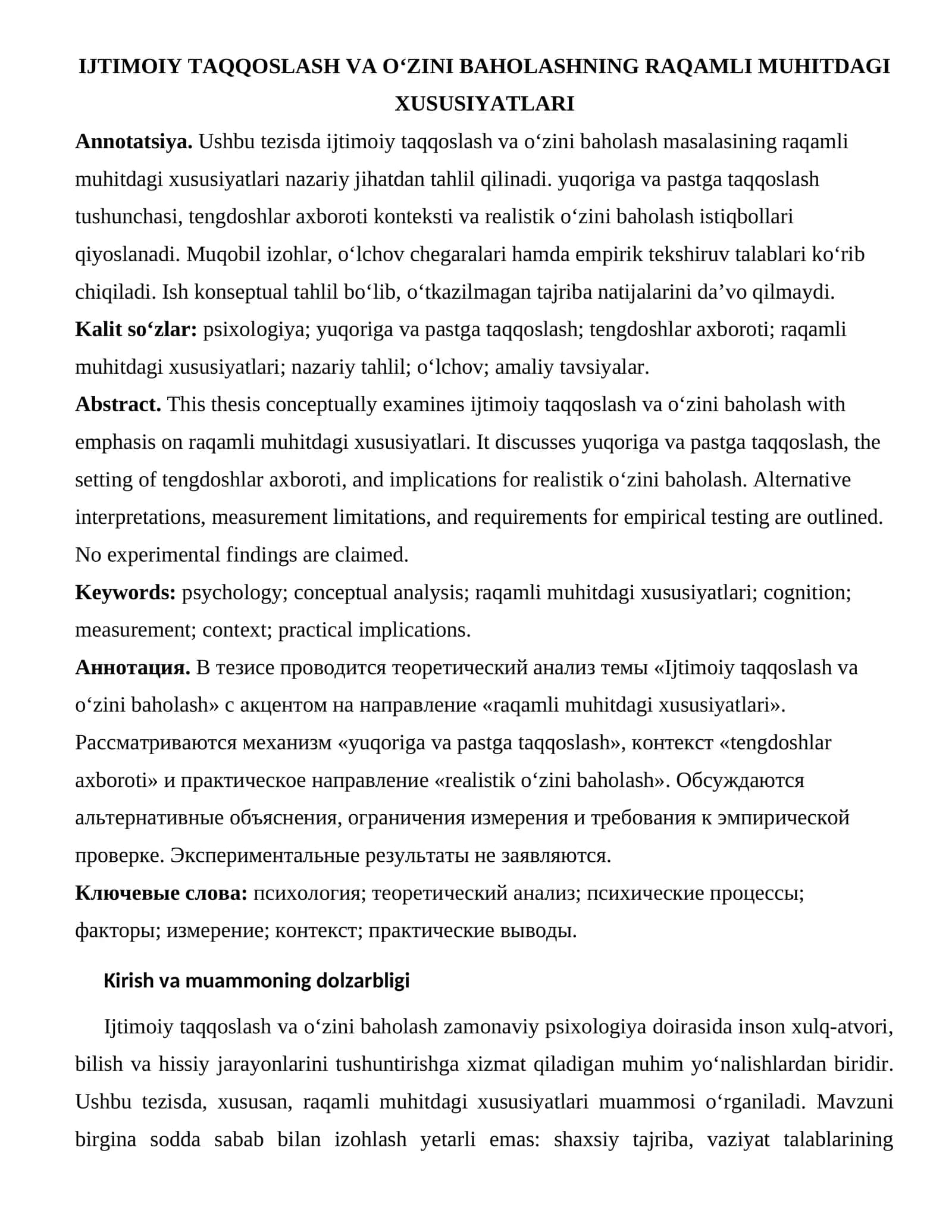 IJTIMOIY TAQQOSLASH VA O‘ZINI BAHOLASHNING RAQAMLI MUHITDAGI XUSUSIYATLARI