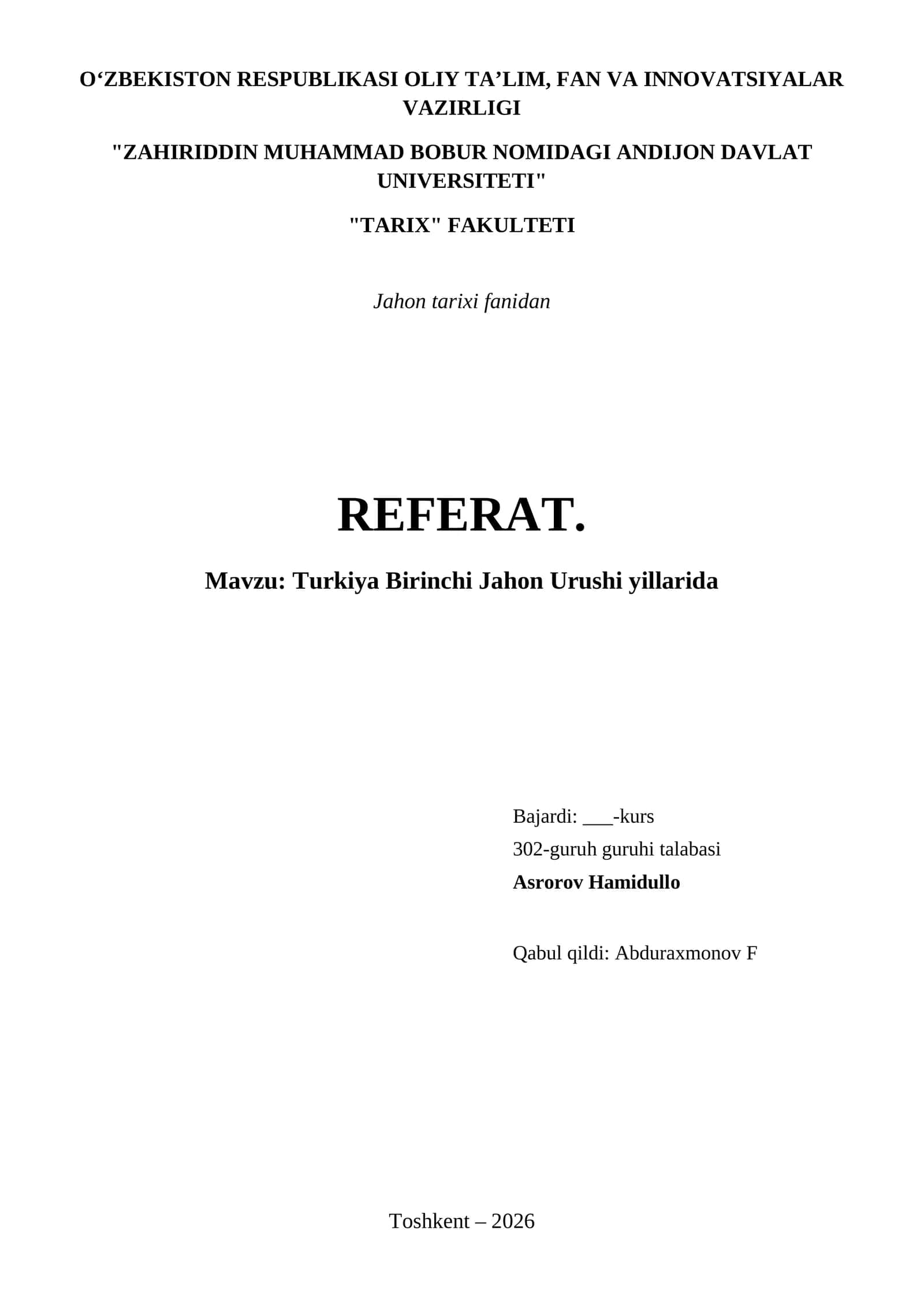Turkiya Birinchi Jahon Urushi yillarida