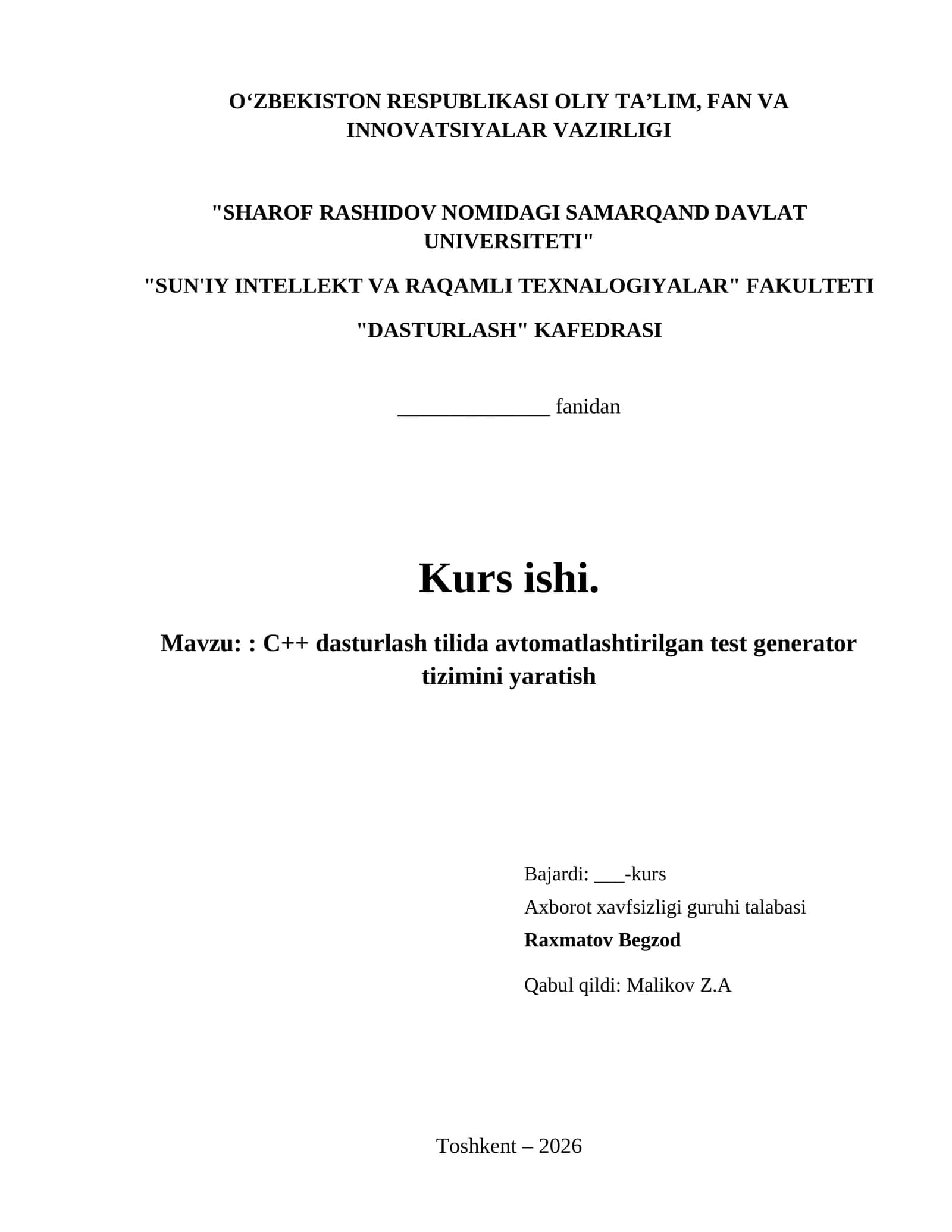 : C++ dasturlash tilida avtomatlashtirilgan test generator tizimini yaratish