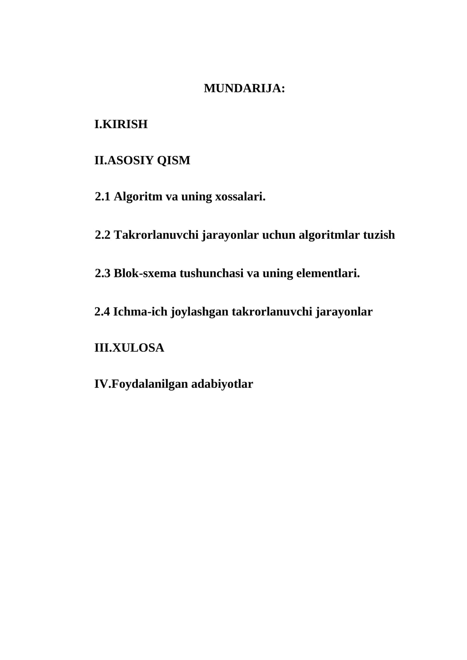 Algoritm va uning xossalari. Takrorlanuvchi jarayonlar uchun algoritmlar tuzish. Blok-sxеma tushunchasi va uning elеmеntlari. Ichma-ich joylashgan takrorlanuvchi jarayonlar