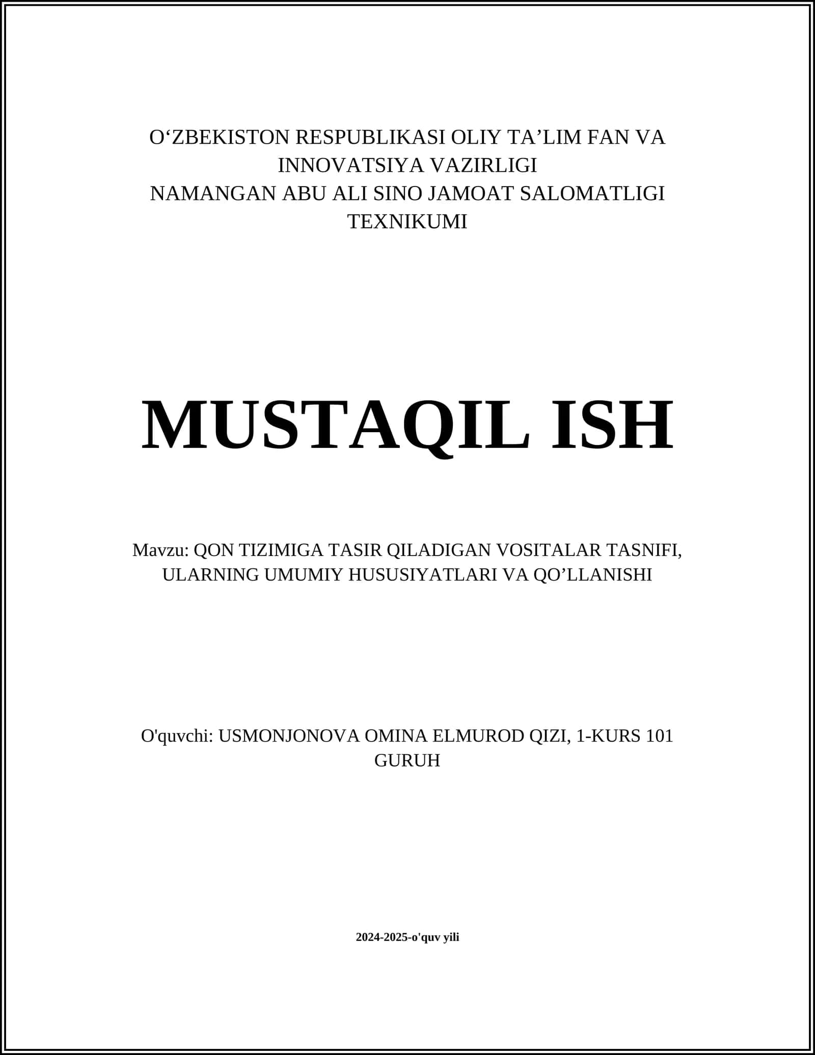 Qon tizimiga ta'sir qiluvchi vositalarning tasnifi