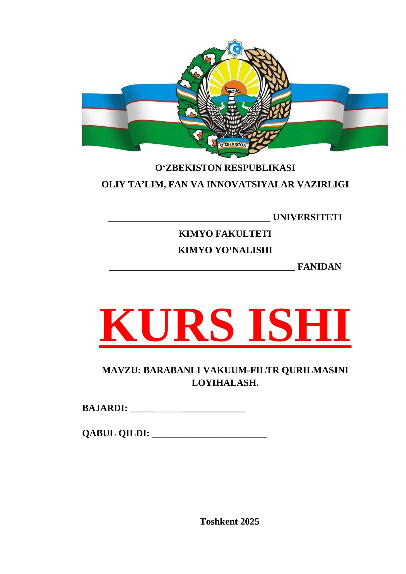 BARABANLI VAKUUM-FILTR QURILMASINI LOYIHALASH.