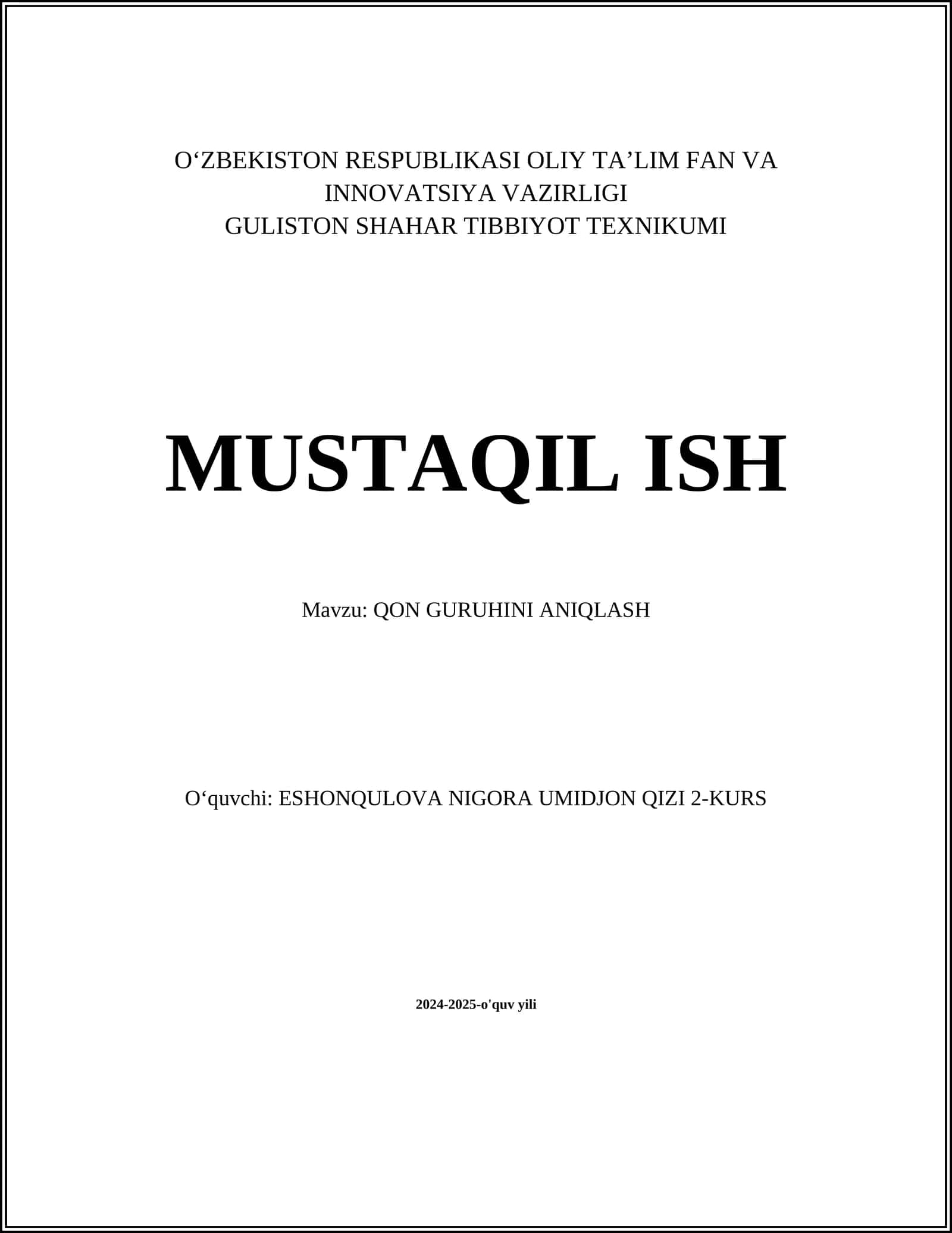 QON GURUHINI ANIQLASH