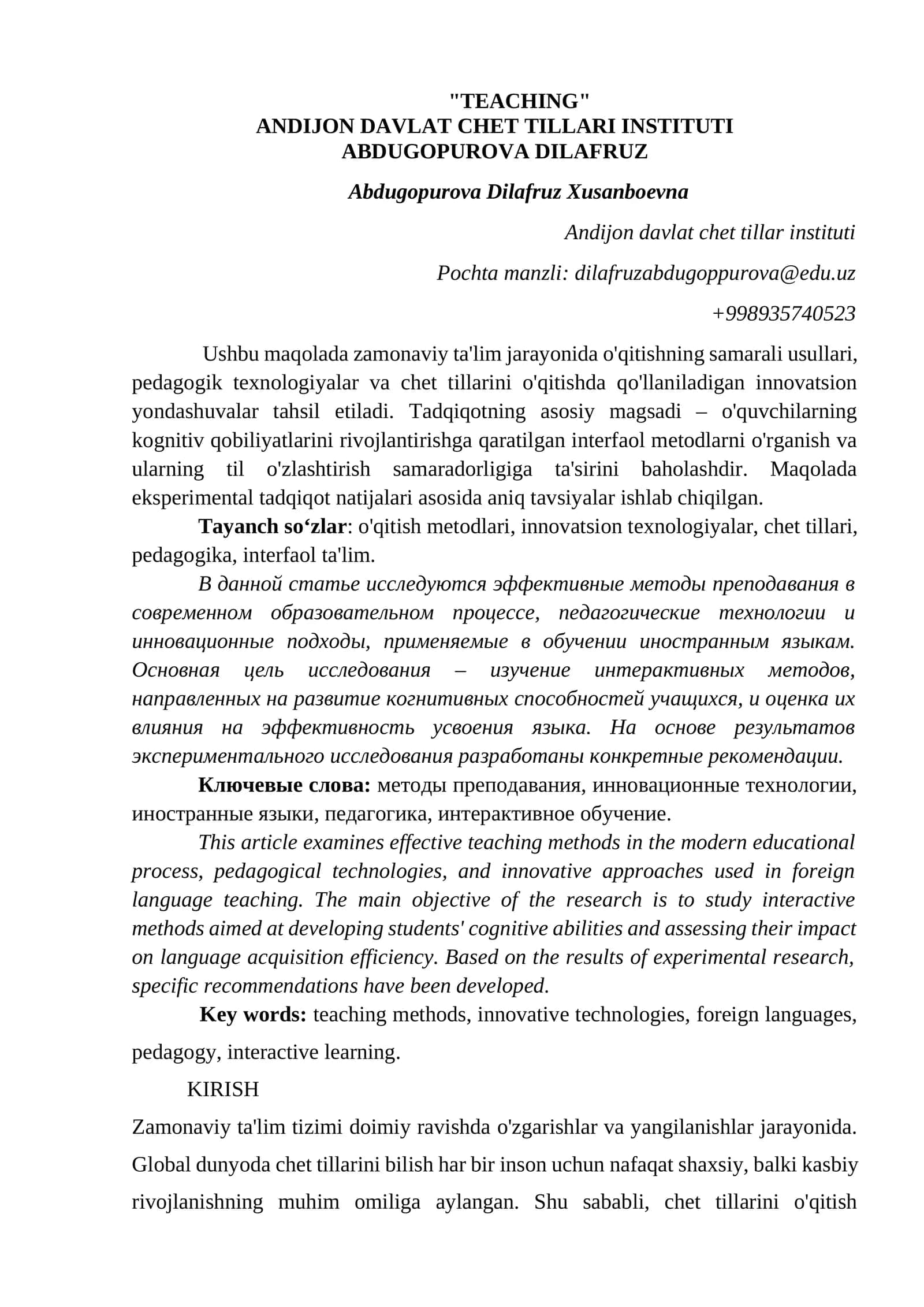 "Effektiv o'qitish usullari va innovatsion texnologiyalar"