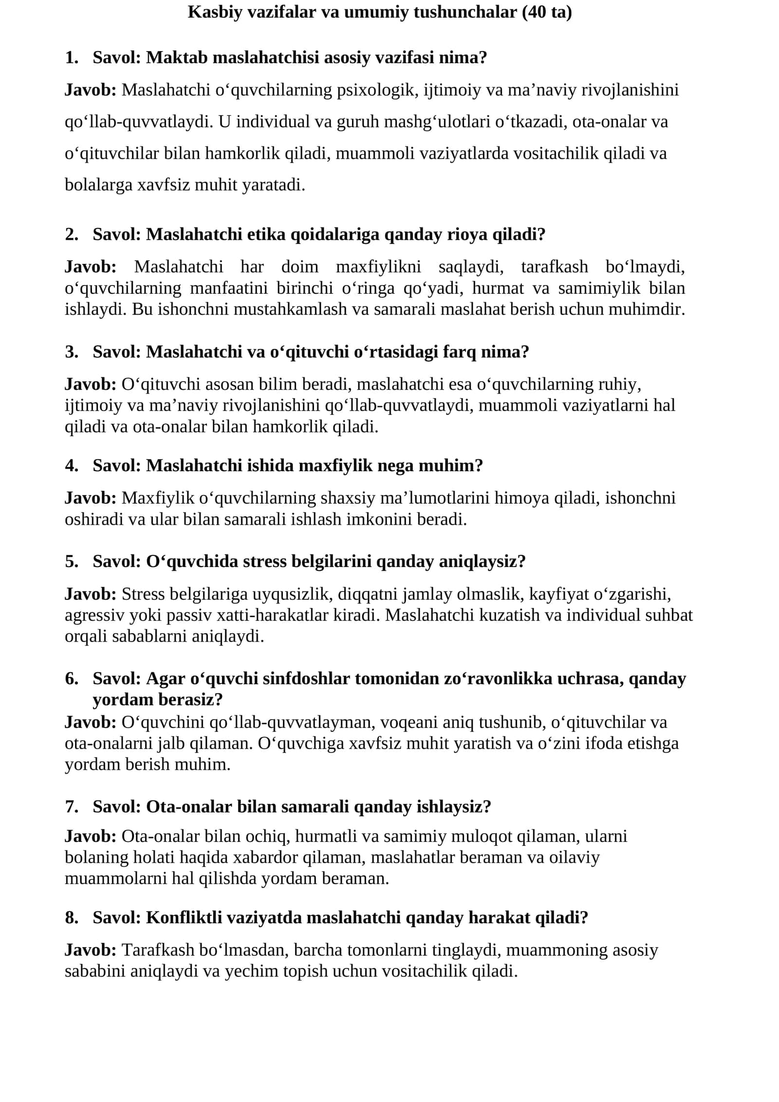 Maktab maslahatchisga ishga kirish uchun suhbat savol javoblari