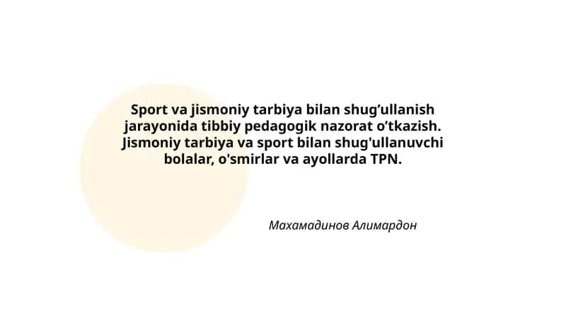Sport va jismoniy tarbiya bilan shug’ullanish jarayonida tibbiy pedagogik nazorat o’tkazish. Jismoniy tarbiya va sport bilan shug'ullanuvchi bolalar, o'smirlar va ayollarda TPN.