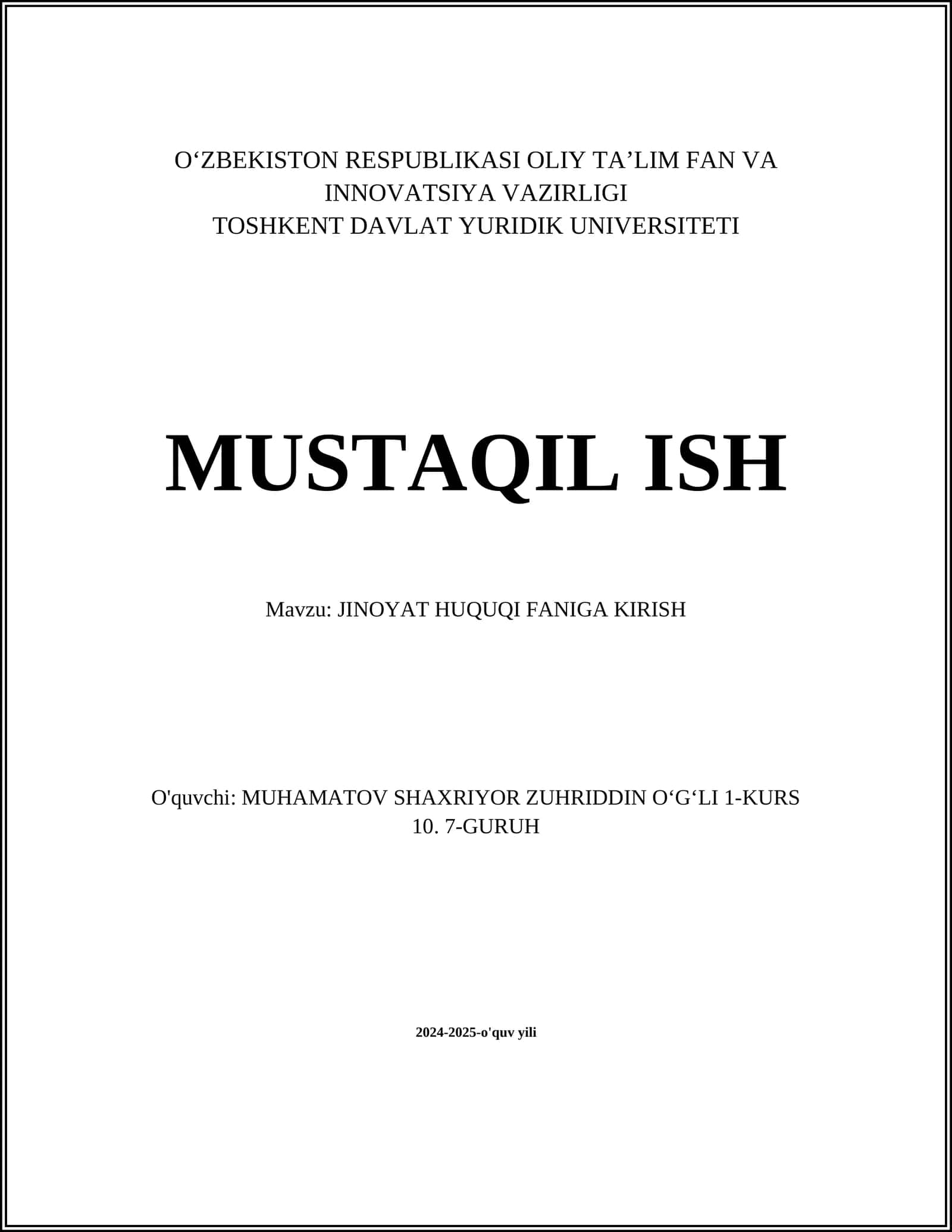 JINOYAT HUQUQI FANIGA KIRISH
