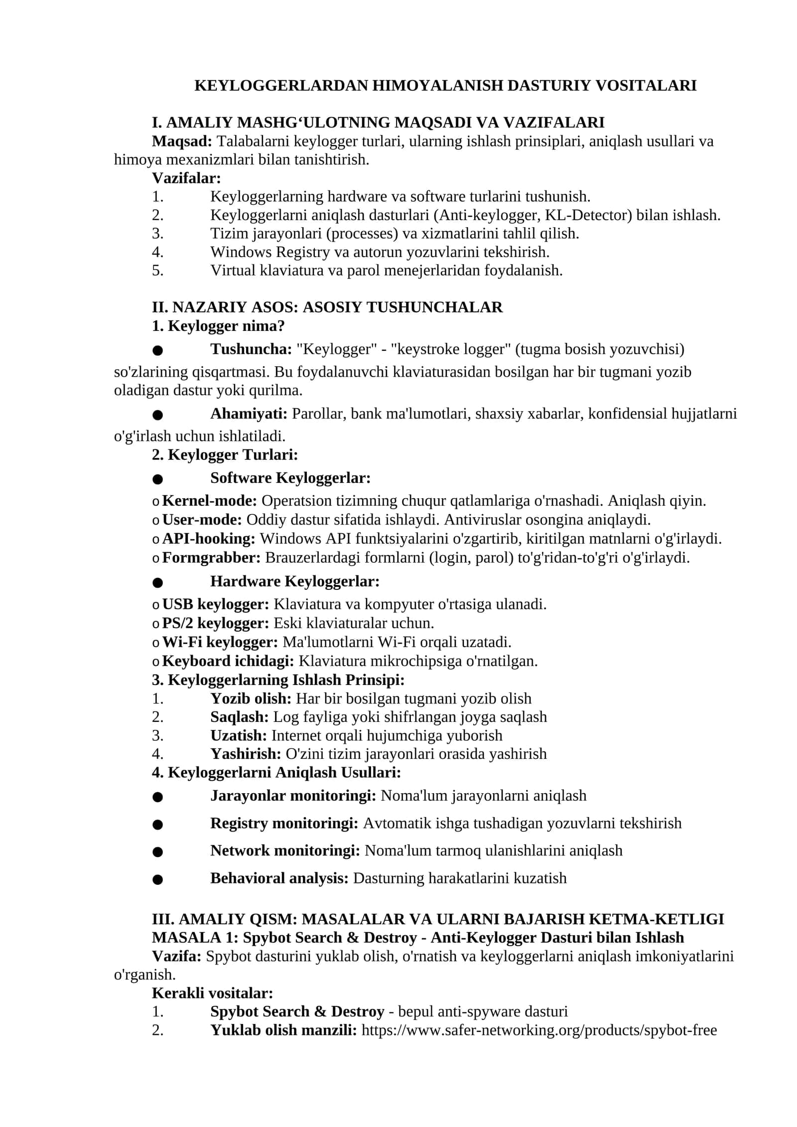 KEYLOGGERLARDAN HIMOYALANISH DASTURIY VOSITALARI