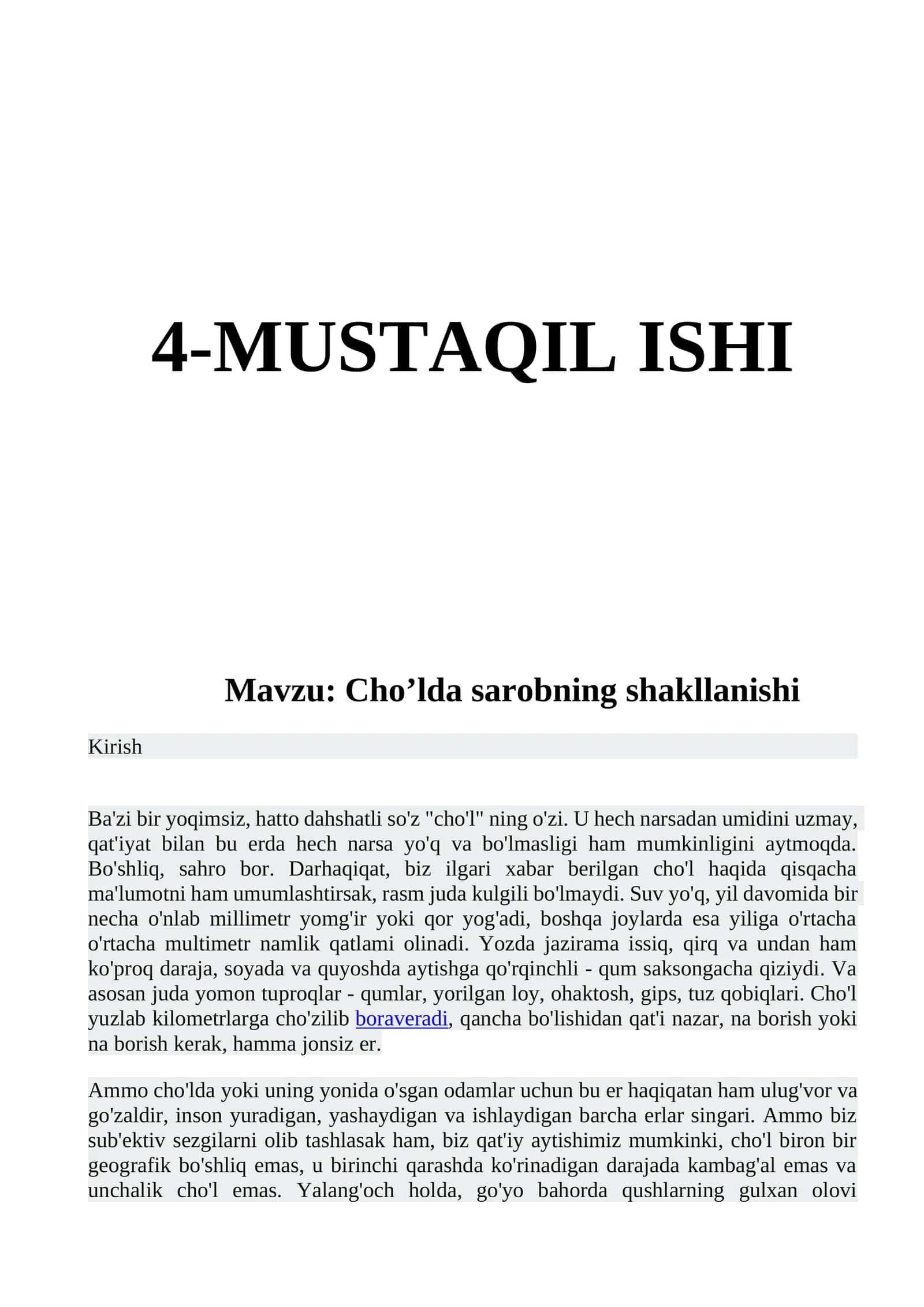 Cho’lda sarobning shakllanishi
