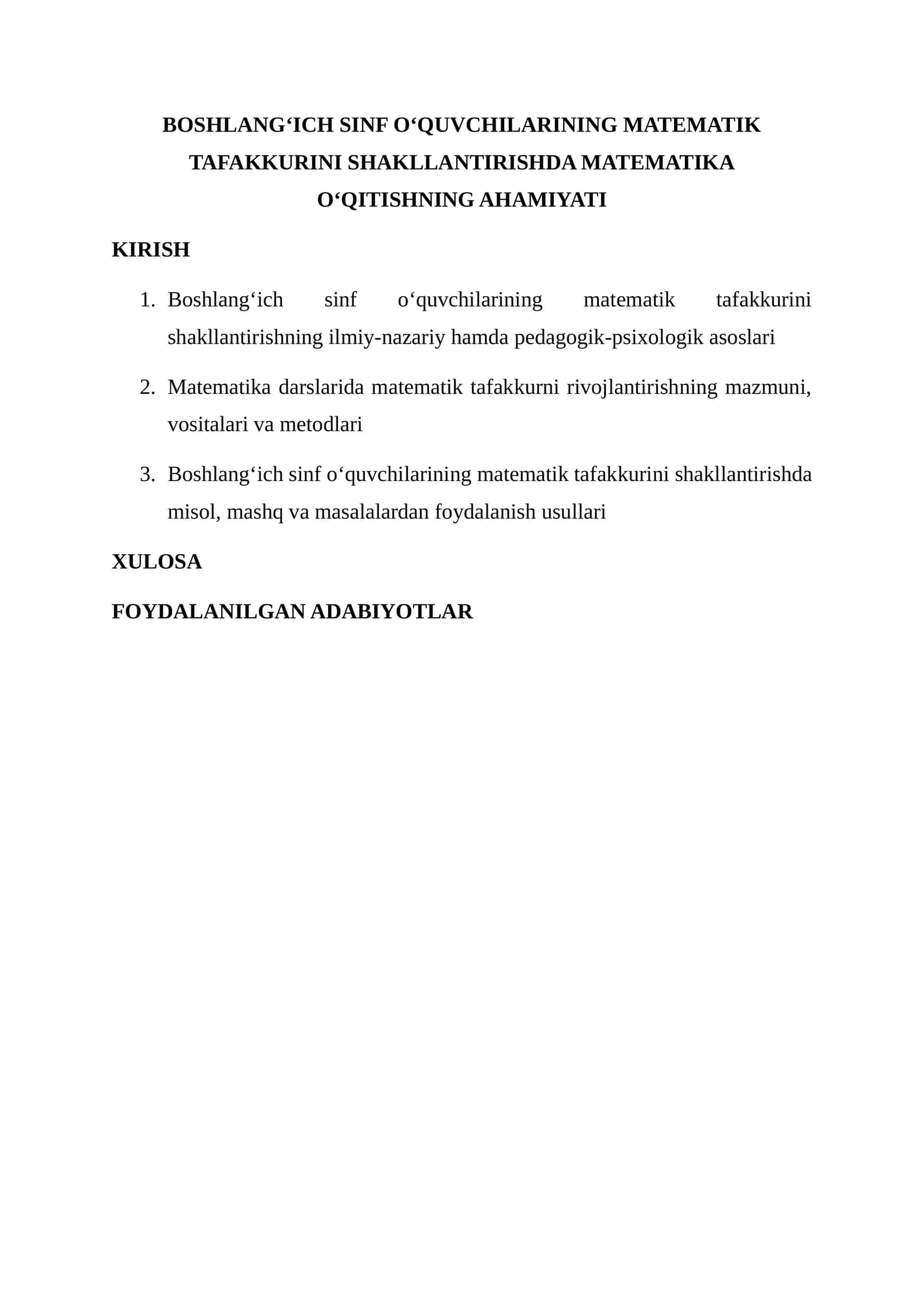 Matematik Tafakkurini Shakllantirish