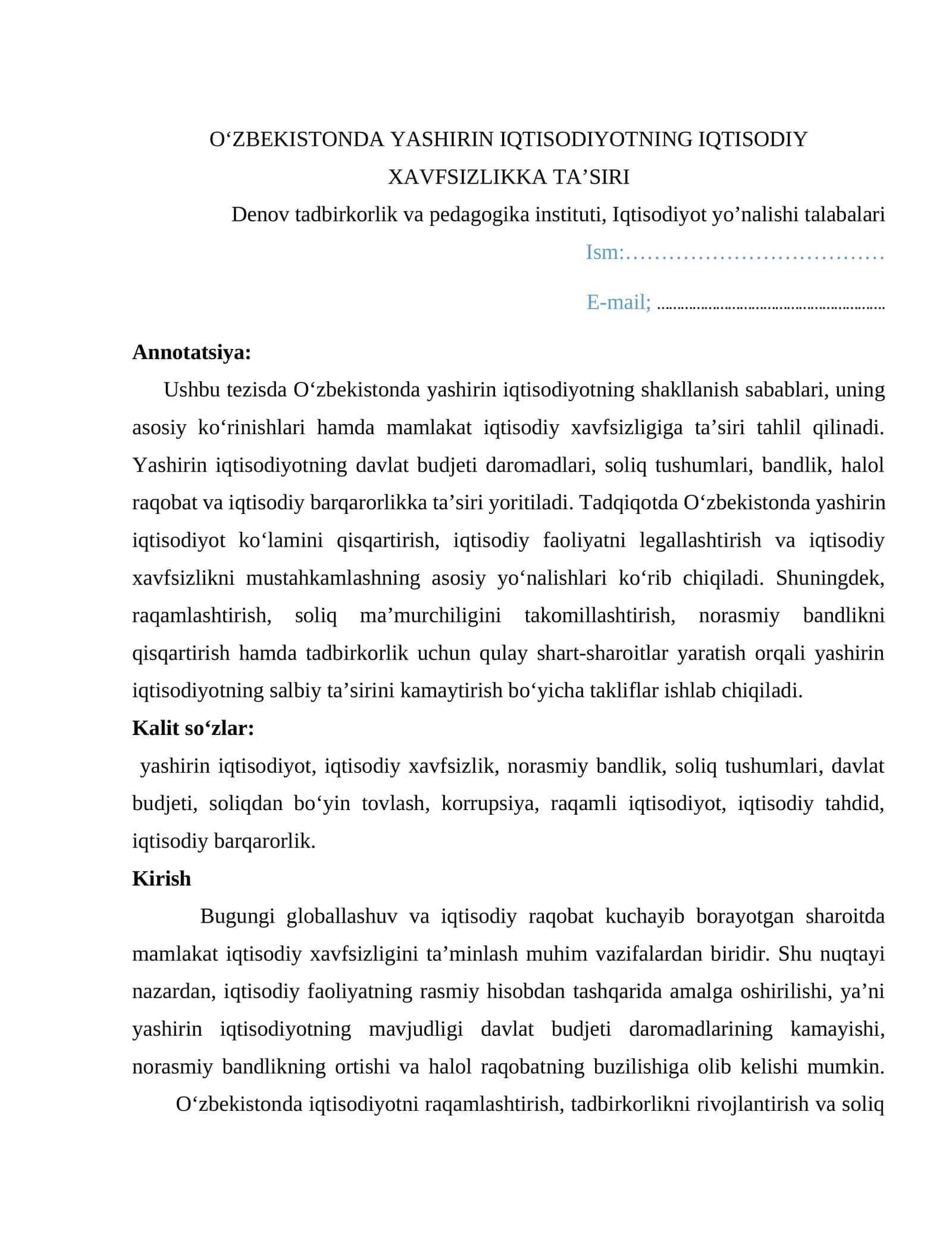 O‘zbekistonda yashirin iqtisodiyotning iqtisodiy xavfsizlikka ta’siri