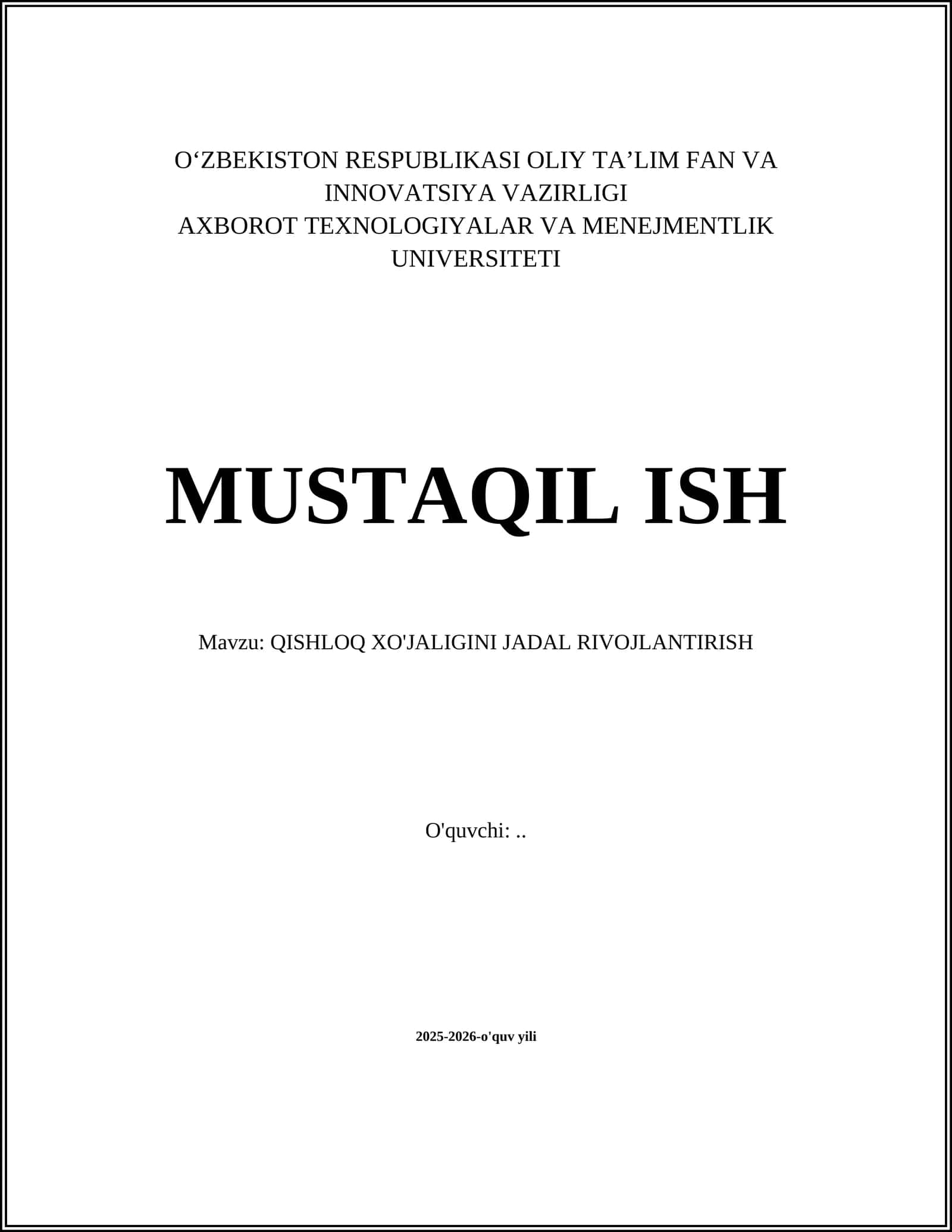 QISHLOQ XO'JALIGINI JADAL RIVOJLANTIRISH