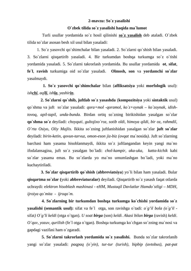 2-mavzu: So`z yasalishi
