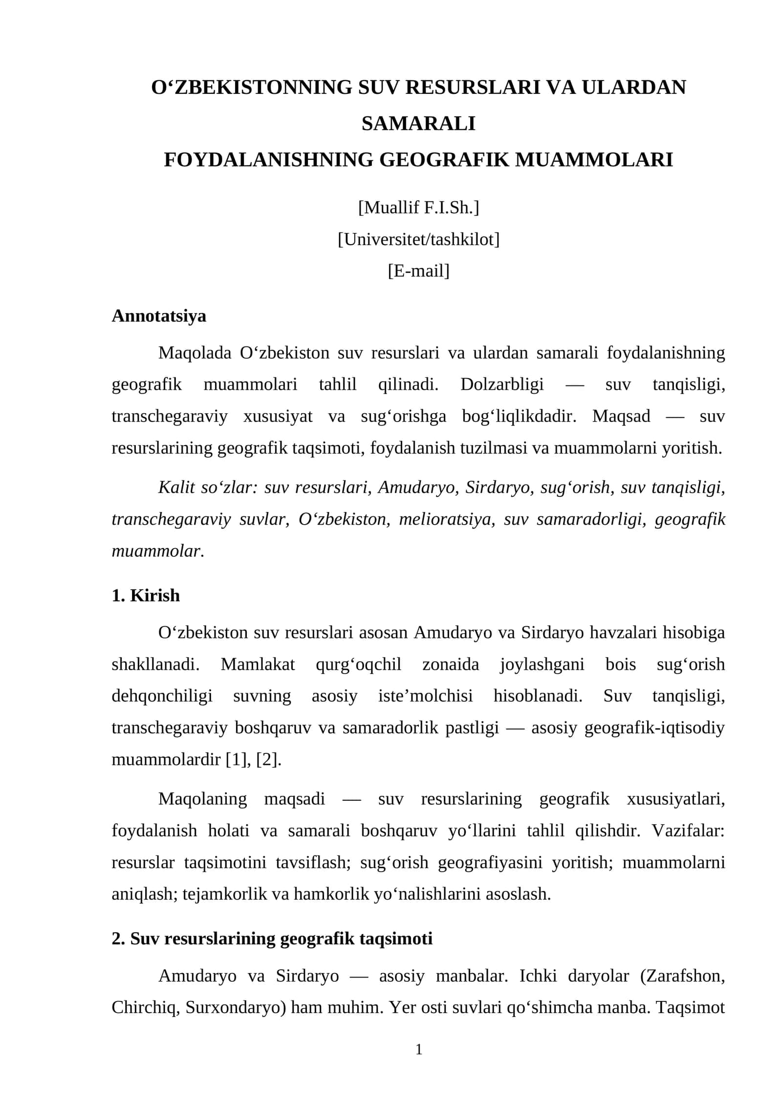 O‘zbekistonning suv resurslari va ulardan samarali foydalanishning geografik muammolari