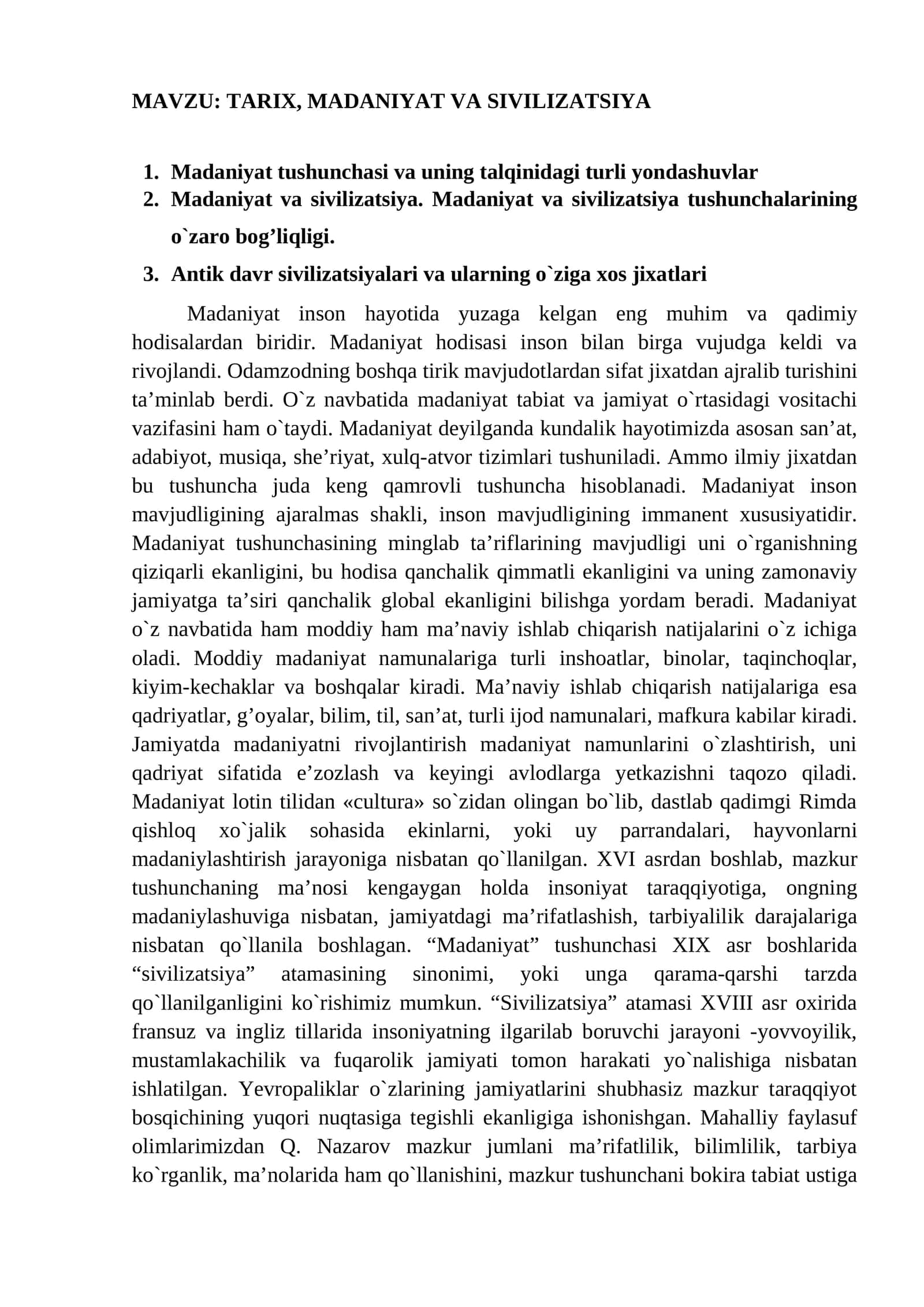 TARIX, MADANIYAT VA SIVILIZATSIYA