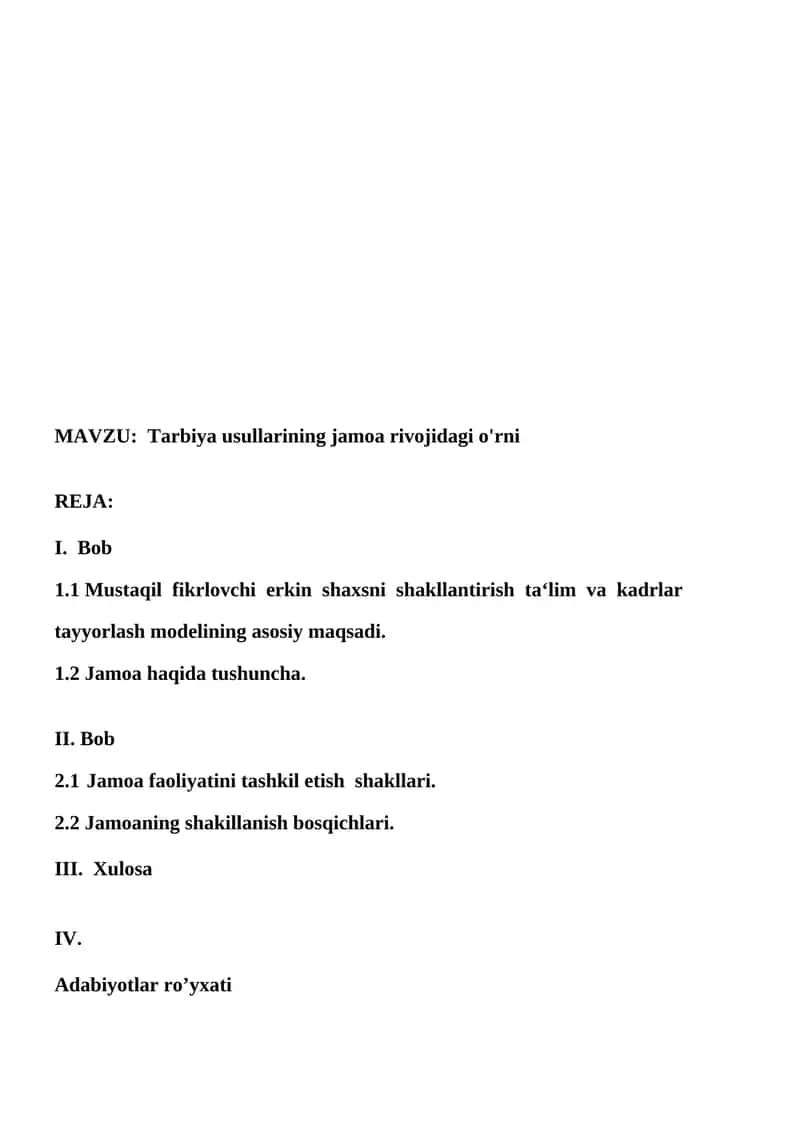 Tarbiya usullarining jamoa rivojidagi o'rni