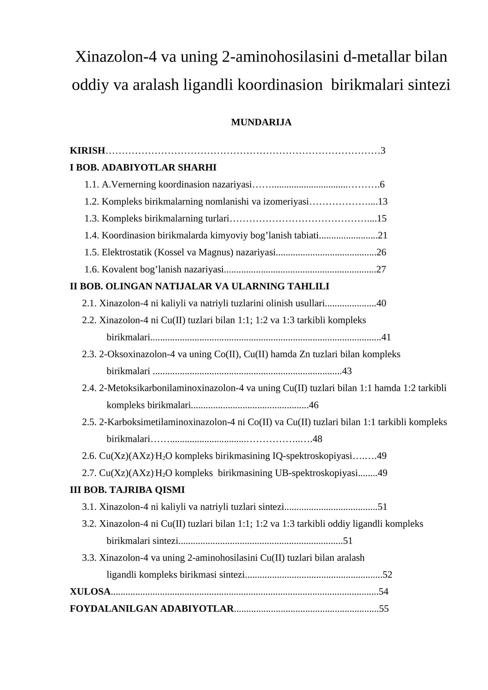 Xinazolon-4 va uning 2-aminohosilasini d-metallar bilan oddiy va aralash ligandli koordinasion birikmalari sintezi