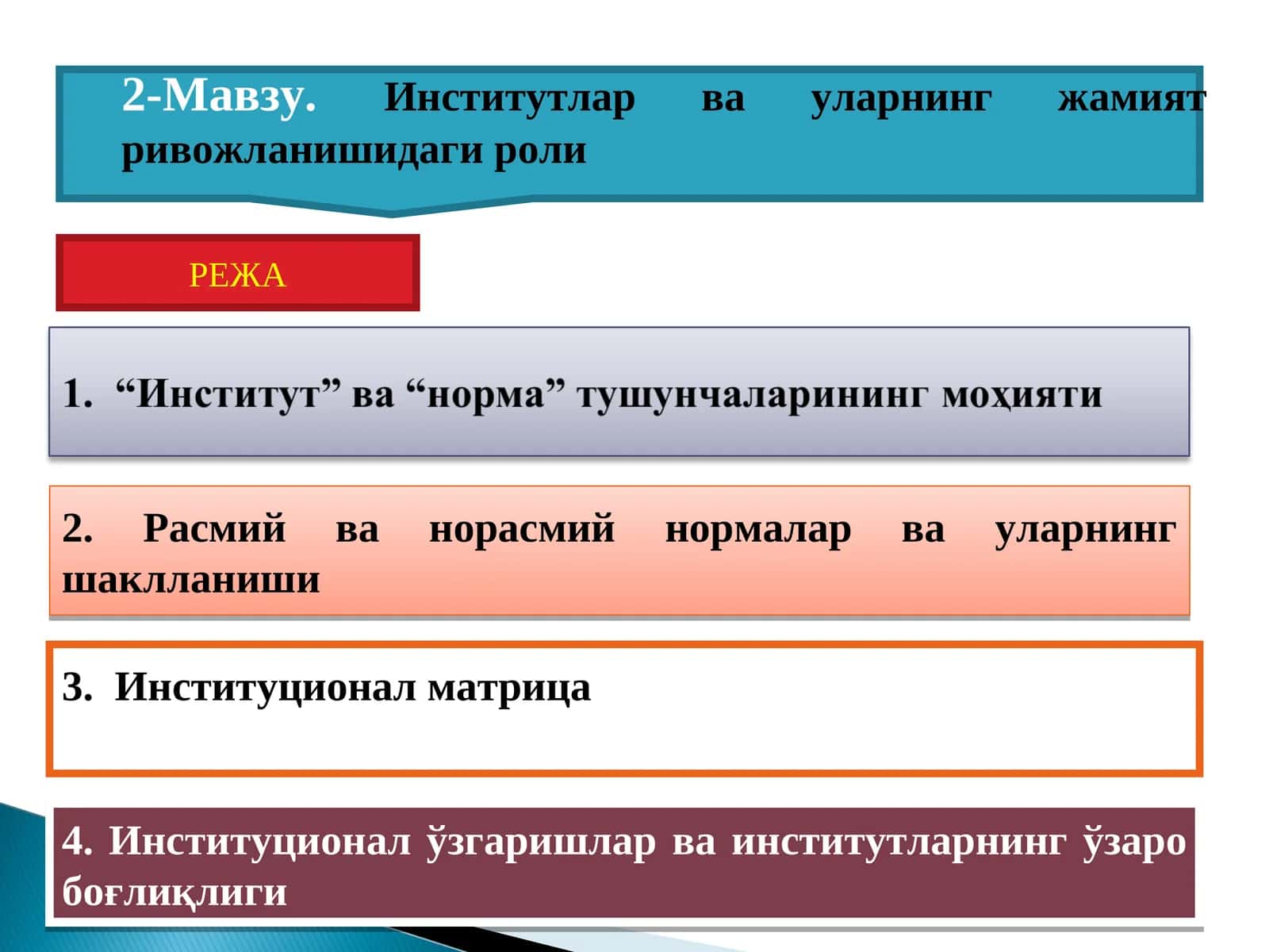 Институтлар ва уларнинг жамият ривожланишидаги роли