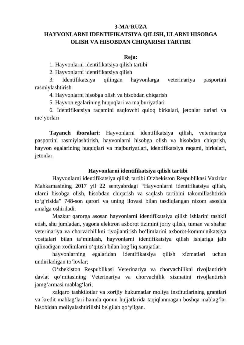 Hayvonlarni Identifikatsiya Qilish, Ularni Hisobga Olush va Hisobdan Chiqarish Tartibi