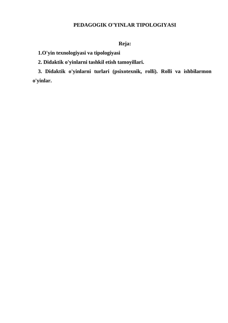 PEDAGOGIK O'YINLAR TIPOLOGIYASI