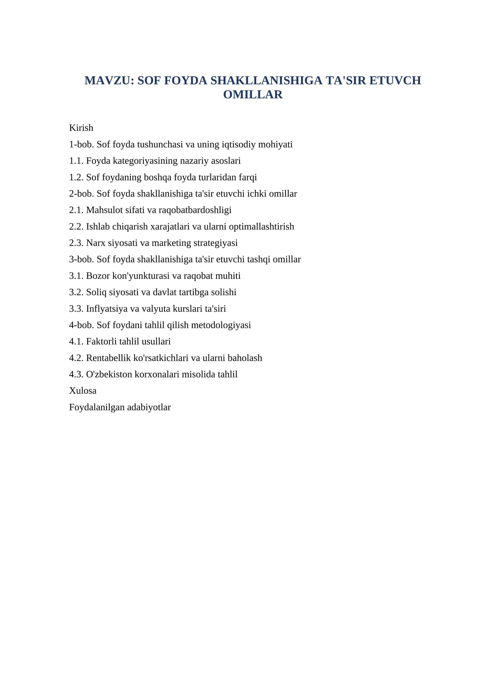 Sof foyda shakllanishiga ta'sir etuvch omillar