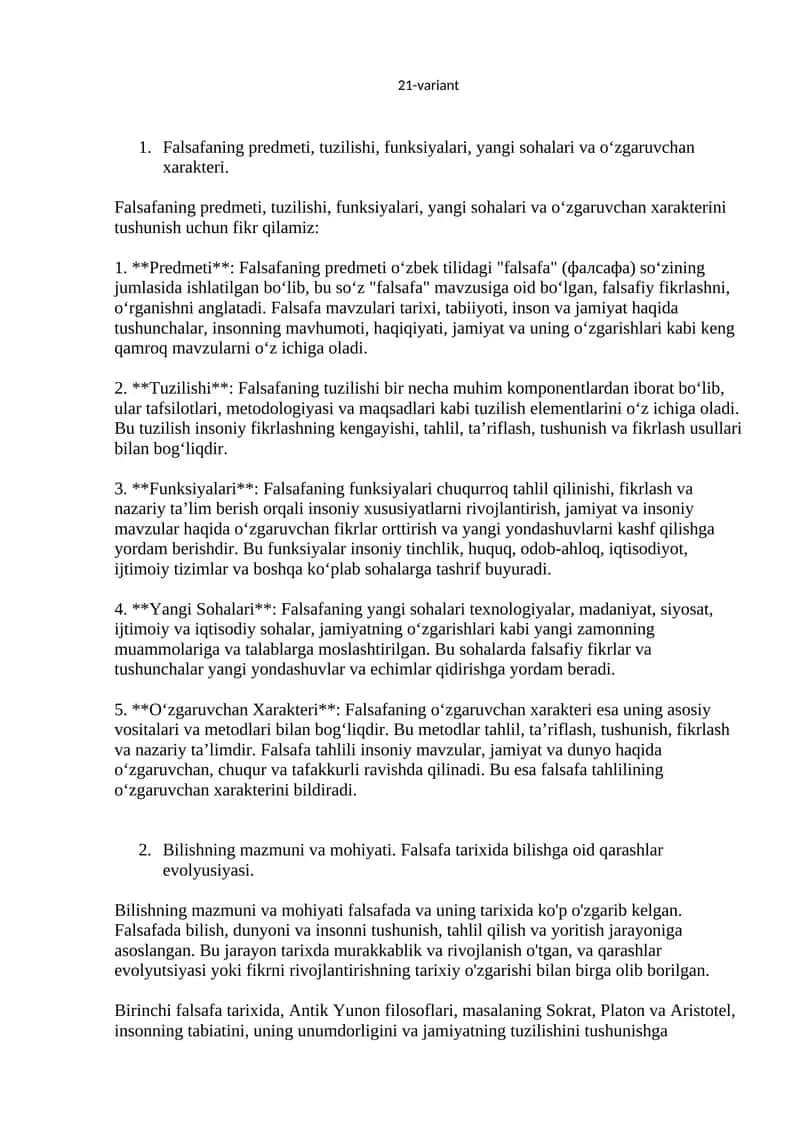 Falsafaning predmeti, tuzilishi, funksiyalari, yangi sohalari va o‘zgaruvchan xarakteri