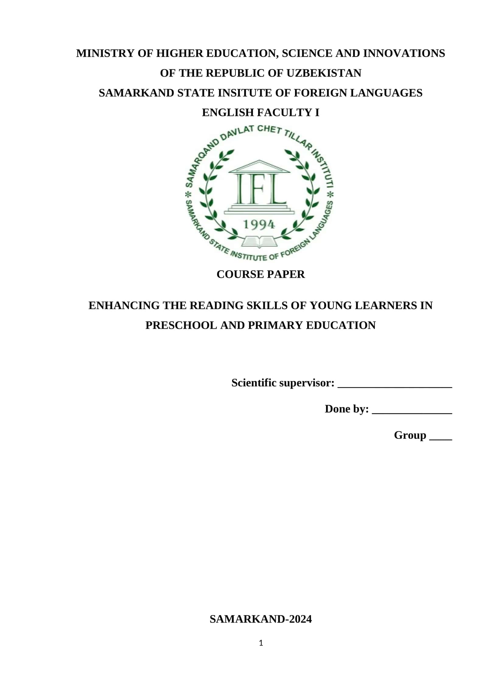 COURSE PAPER: ENHANCING THE READING SKILLS OF YOUNG LEARNERS IN PRESCHOOL AND PRIMARY EDUCATION
