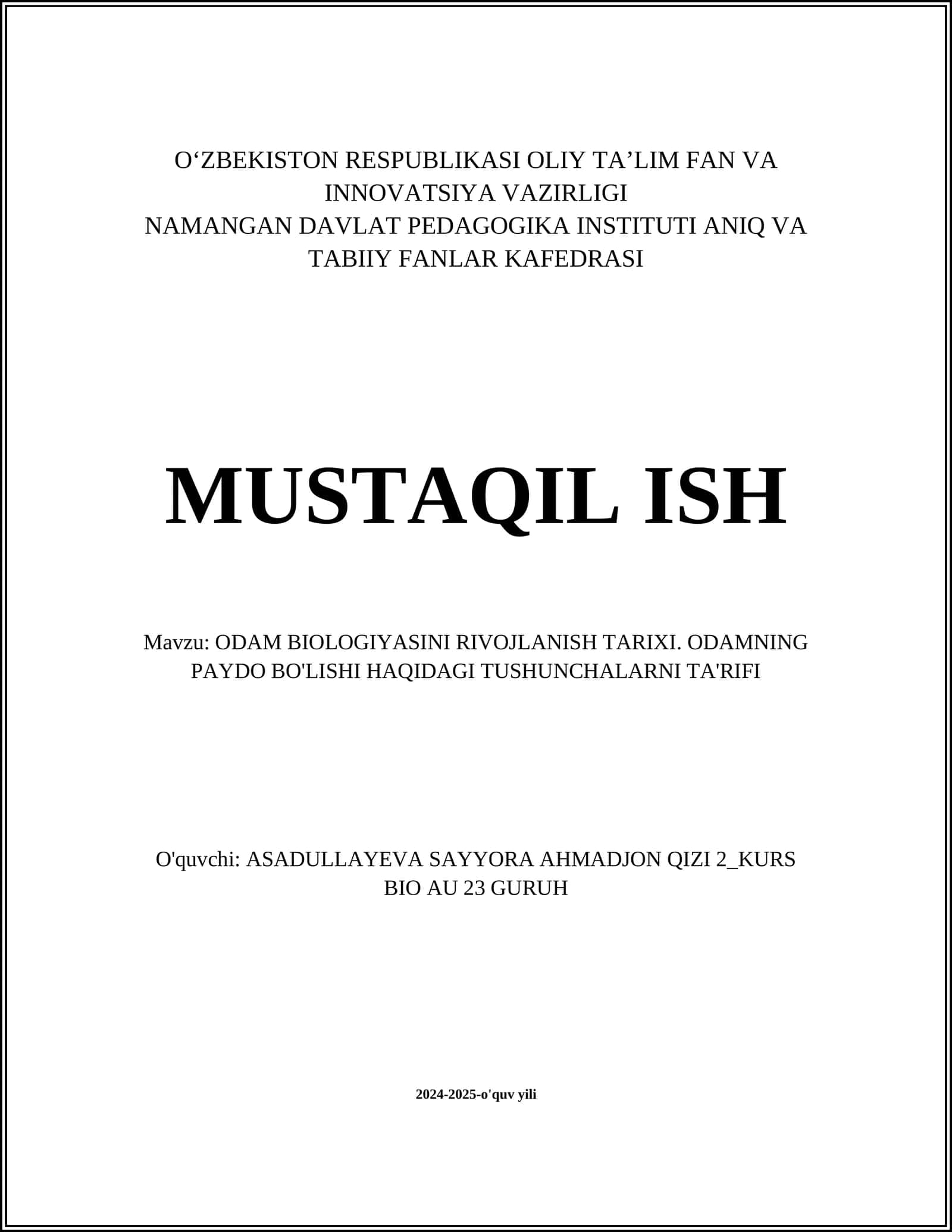 ODAM BIOLOGIYASINI RIVOJLANISH TARIXI. ODAMNING PAYDO BO'LISHI HAQIDAGI TUSHUNCHALARNI TA'RIFI
