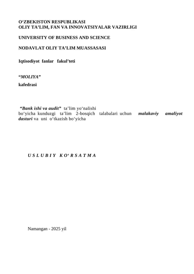 Bank ishi va audit ta'lim yo‘nalishi malakaviy amaliyoti dasturi