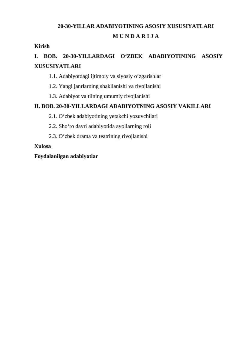 20-30-YILLAR ADABIYOTINING ASOSIY XUSUSIYATLARI