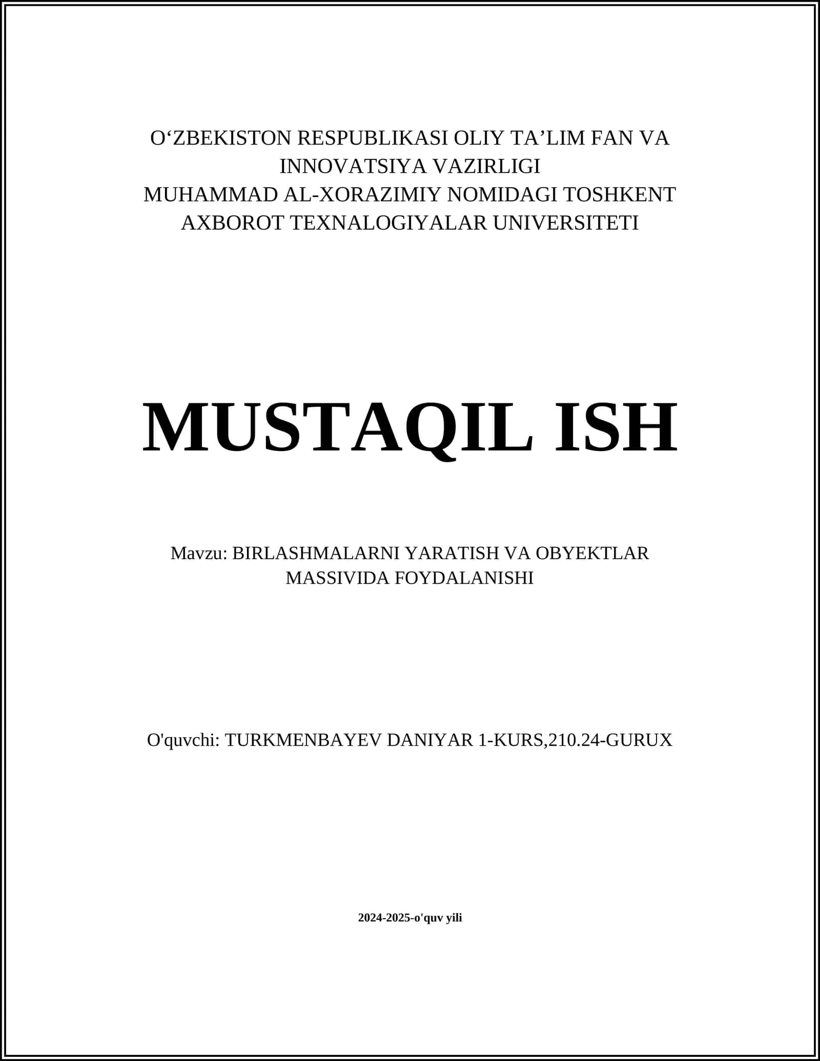 BIRLASHMALARNI YARATISH VA OBYEKTLAR MASSIVIDA FOYDALANISHI