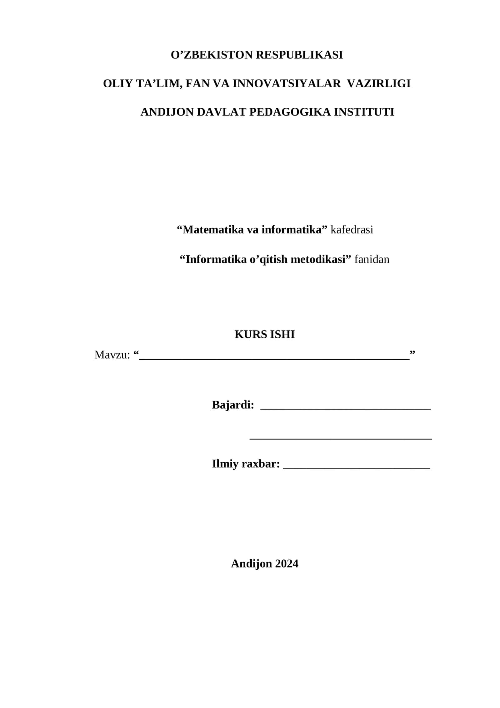 KURS ISHI :"Boshlang‘ich sinflarda informatika faniga tayyorlov kurslarining metodikasi"