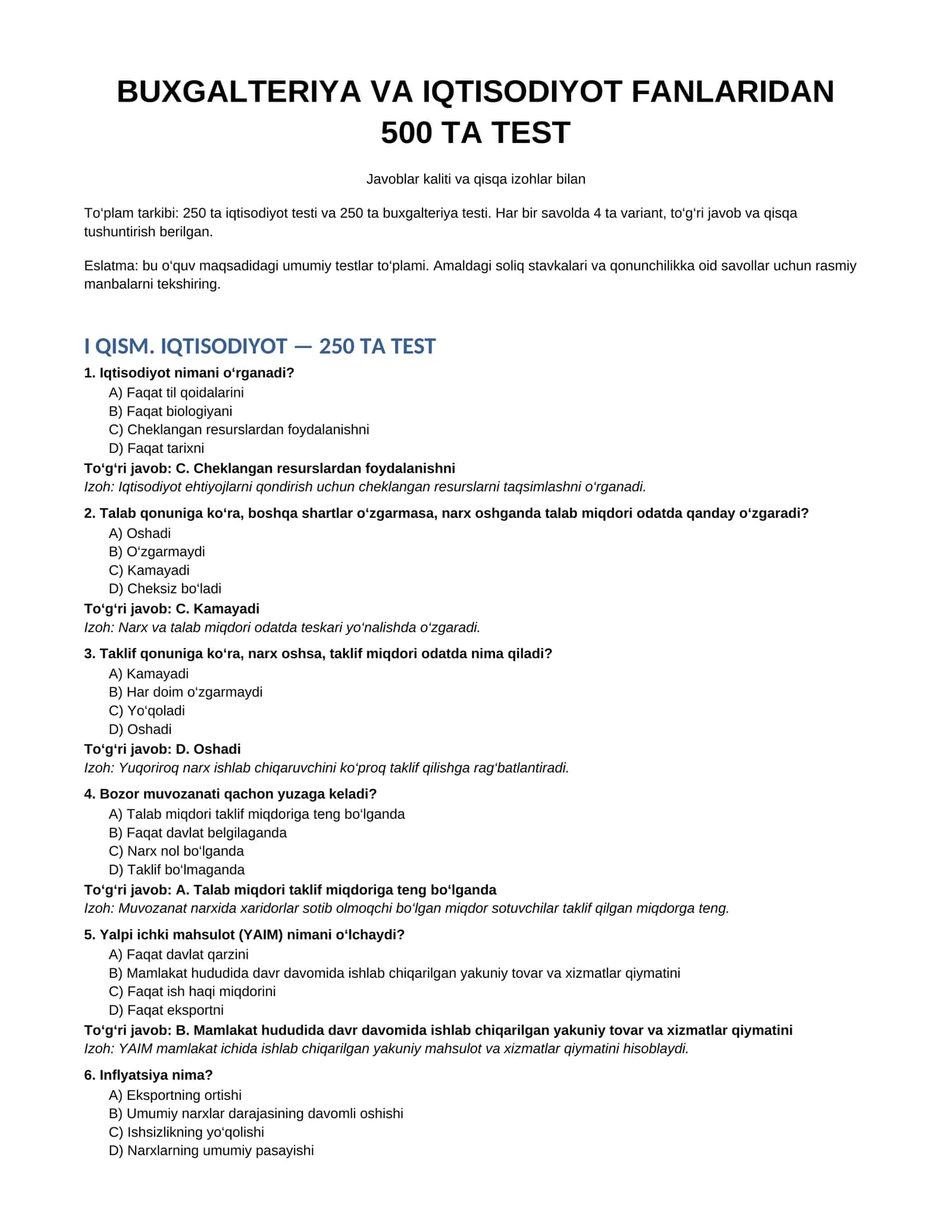 BUXGALTERIYA VA IQTISODIYOT FANLARIDAN 500 TA TEST