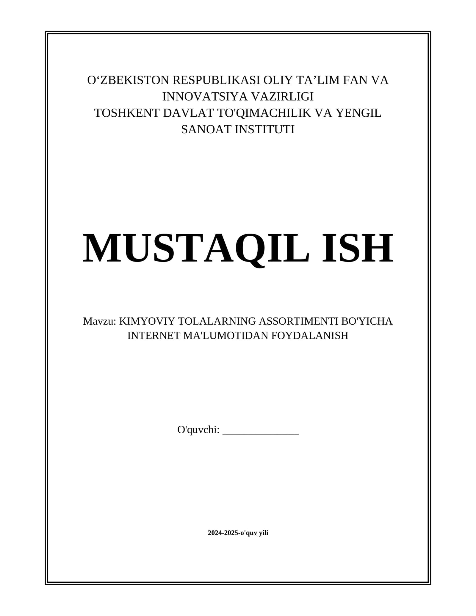 KIMYOVIY TOLALARNING ASSORTIMENTI BO'YICHA INTERNET MA'LUMOTIDAN FOYDALANISH