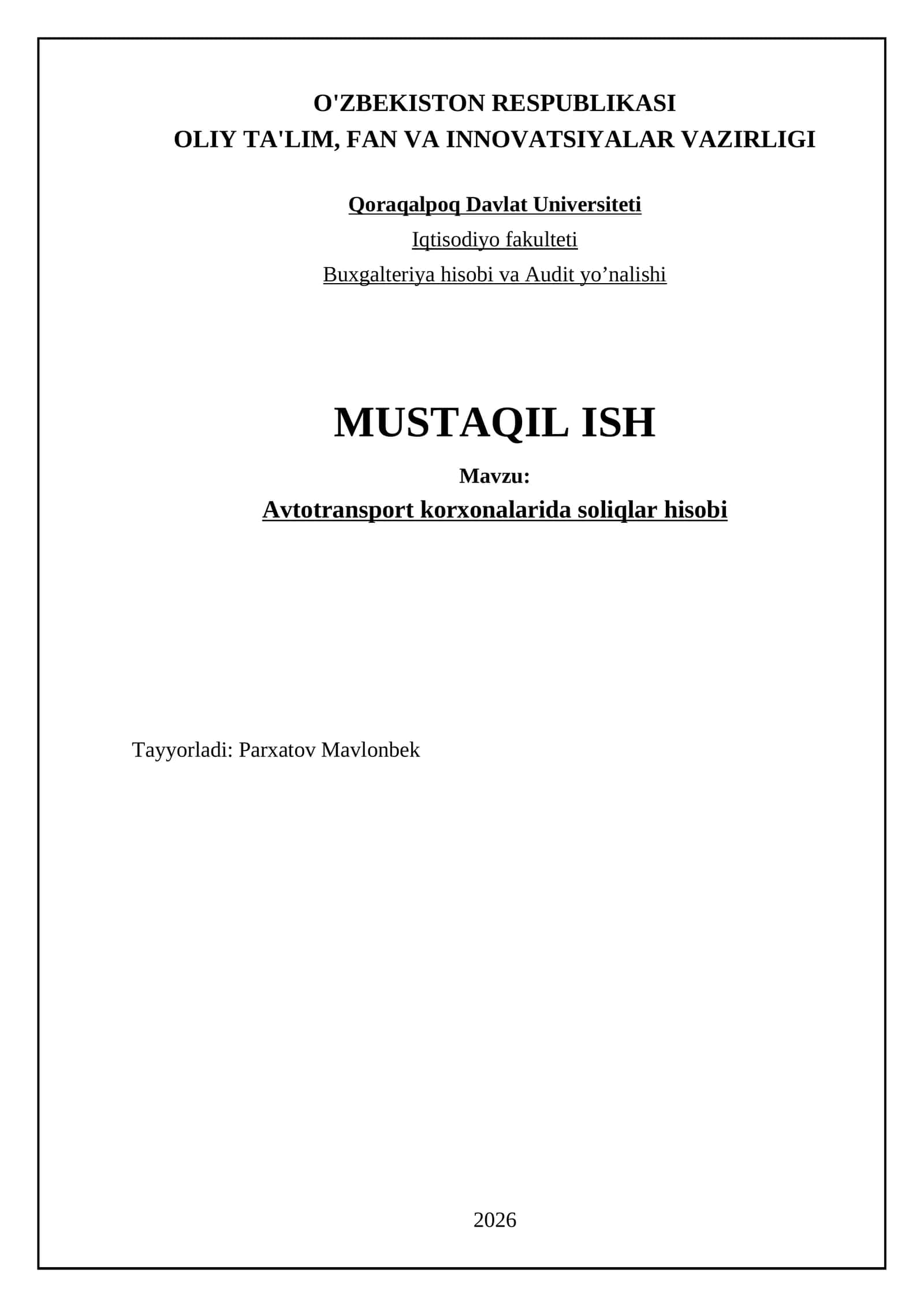 Avtotransport korxonalarida soliqlar hisobi